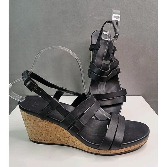 Teva Shoes - TEVA Arabella Women's Sz 9.5 Black Leather Ankle Strappy Wedge Heel Sandals, EUC